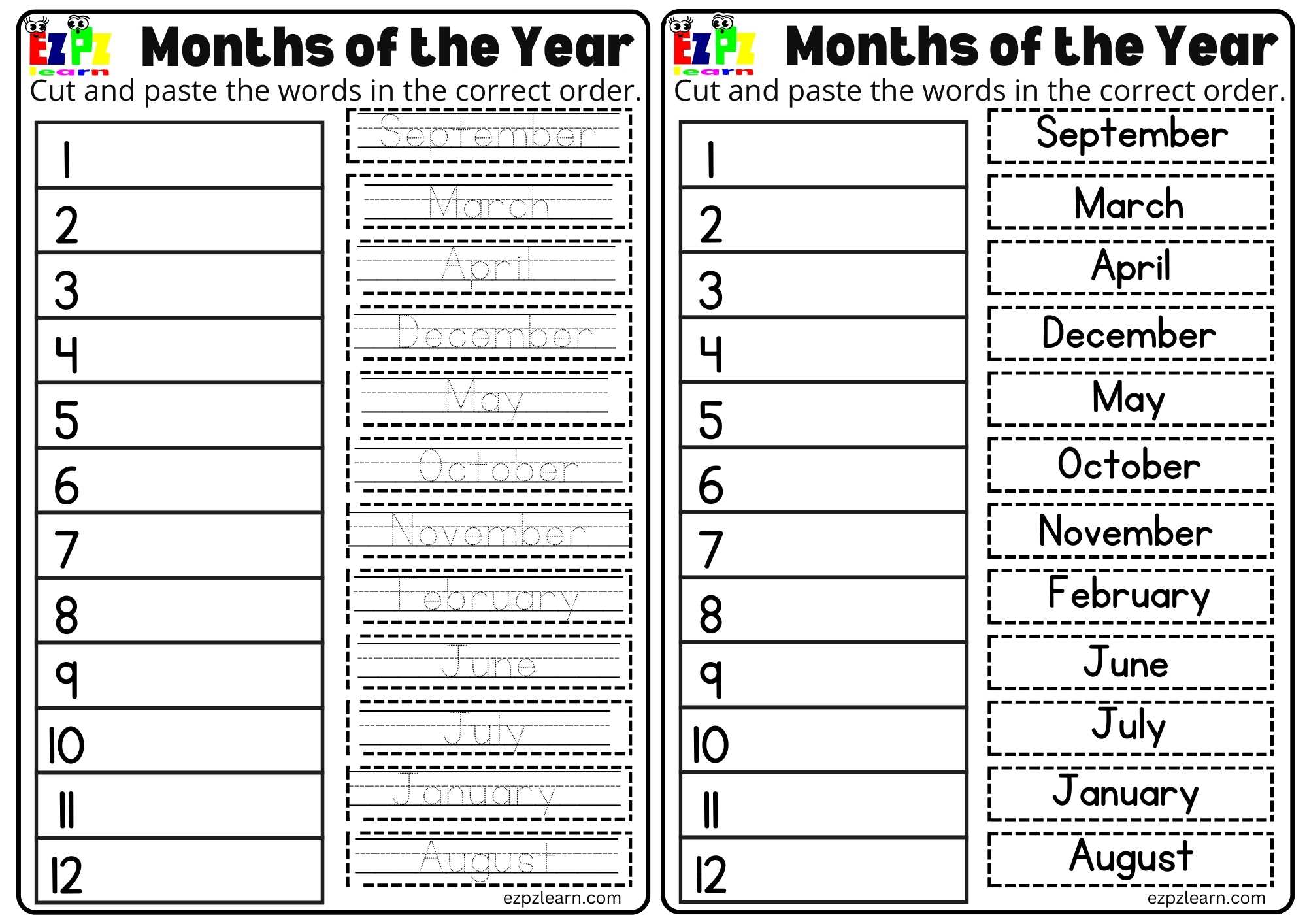 Cut and Paste the Months Worksheets. Includes 2 Pages Download the Free PDF